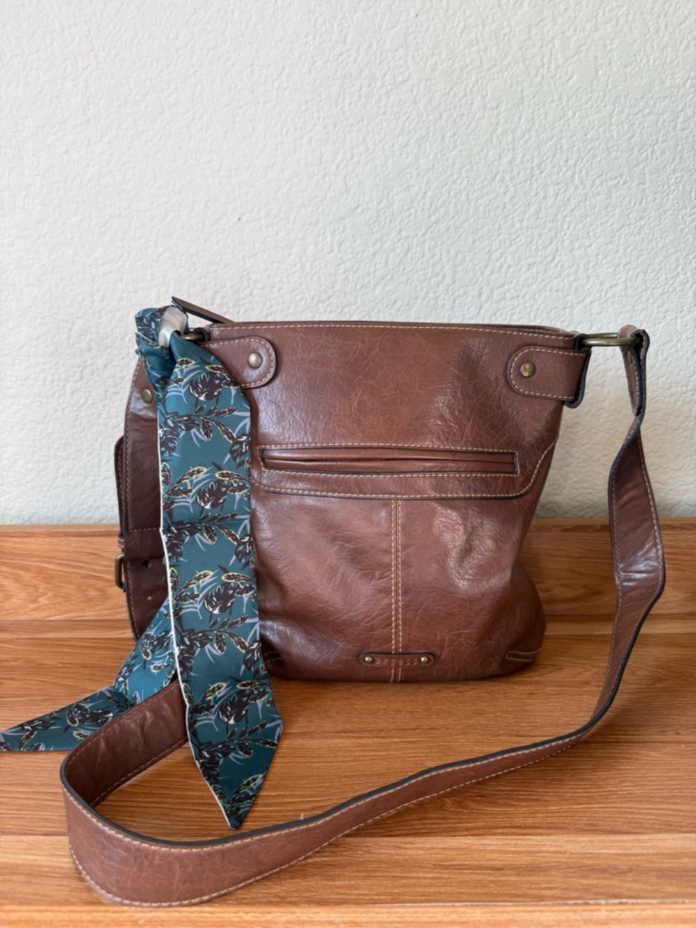 Liz Claiborne Brown Leather Crossbody with Teal Scarf Accent
